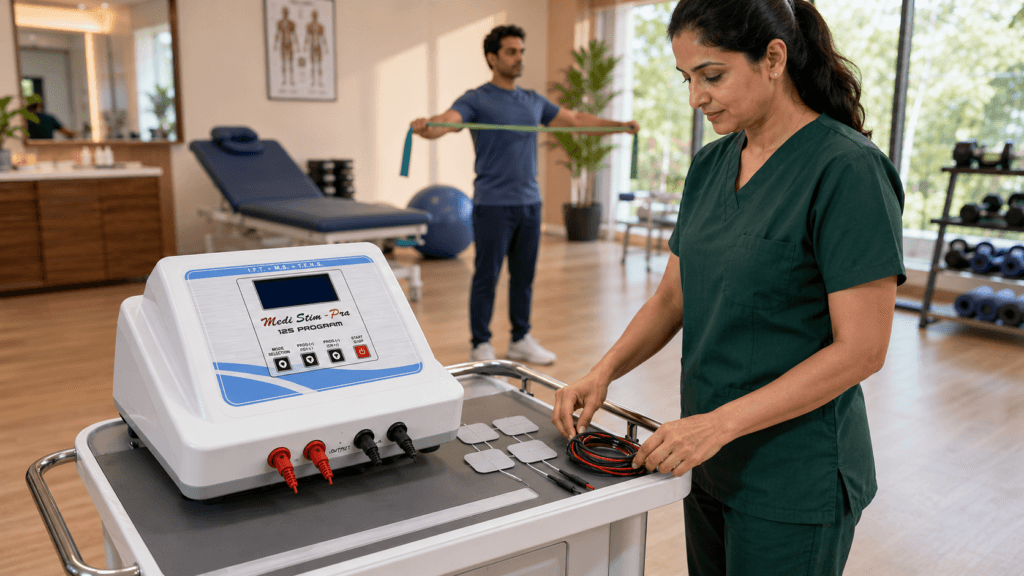 Medi Stim Pro IFT 125 Program Therapy Unit Medi Stim Pro IFT 125 Program Therapy Unit with electrodes and cables in a physiotherapy clinic