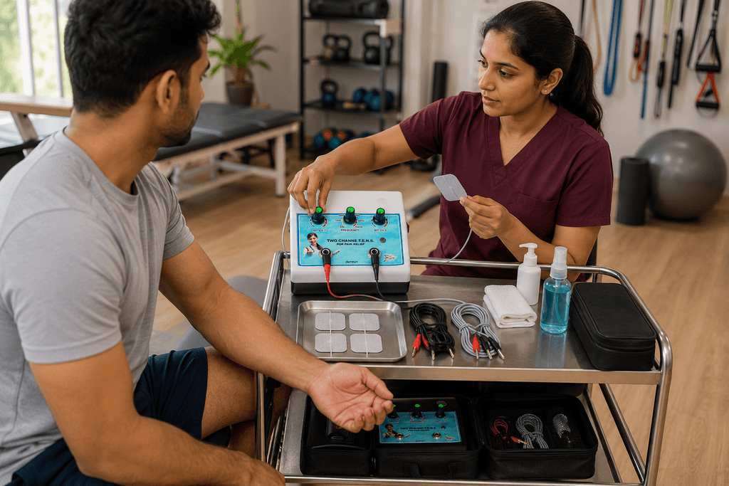Mini 2-Channel TENS Physiotherapy Machine Physiotherapist preparing Mini 2-Channel TENS Physiotherapy Machine with electrode pads and lead cables for treatment