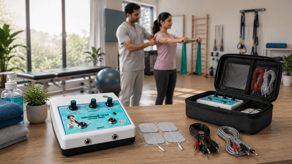 Mini 2-Channel TENS Physiotherapy Machine Mini 2-Channel TENS Physiotherapy Machine with electrode pads, lead cables and portable carrying case in a physiotherapy clinic