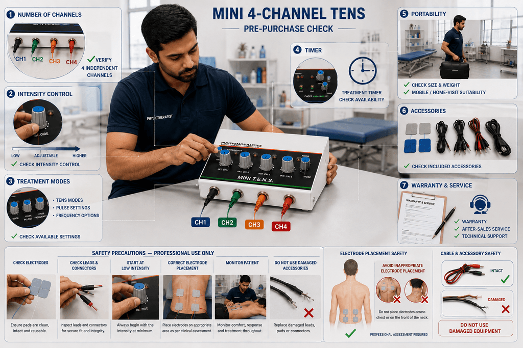 Mini 4-Channel TENS Physiotherapy Machine Mini 4-Channel TENS Physiotherapy Machine pre-purchase guide showing four independent channels, intensity control, treatment modes, accessories and safety precautions.