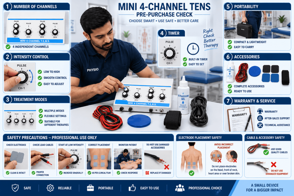 Mini 4-Channel TENS Physiotherapy Machine Mini 4 Channel TENS physiotherapy machine pre-purchase guide showing channels, intensity control, treatment modes, timer, portability, accessories, warranty, service and safety precautions.