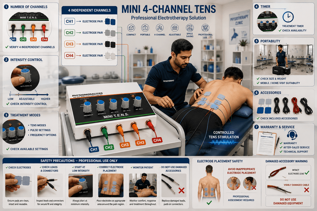 Mini 4-Channel TENS Physiotherapy Machine Mini 4-Channel TENS Physiotherapy Machine with four independent output channels, adjustable intensity, electrode placement, accessories and professional safety precautions.
