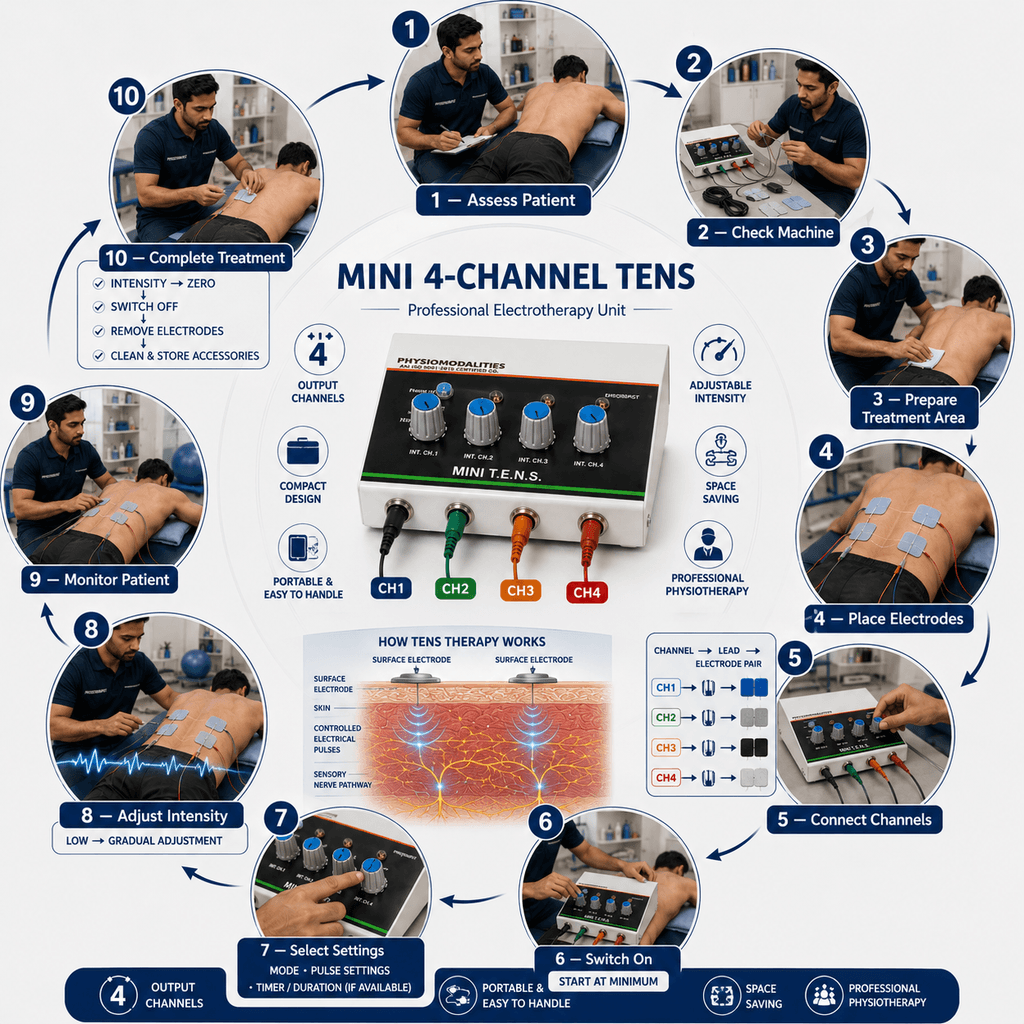 Mini 4-Channel TENS Physiotherapy Machine Mini 4-Channel TENS Physiotherapy Machine showing step-by-step professional use, four output channels, electrode placement and adjustable intensity control.