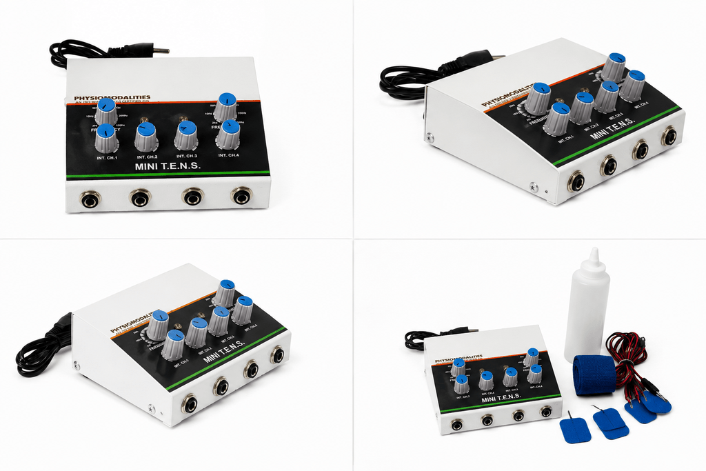 Mini 4-Channel TENS Physiotherapy Machine Mini 4 Channel TENS Physiotherapy Machine with adjustable frequency and intensity controls, four output channels, electrode pads and therapy accessories.