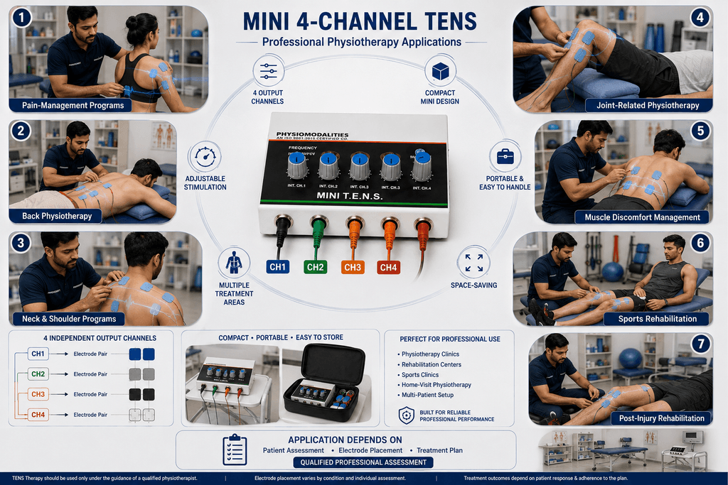 Mini 4-Channel TENS Physiotherapy Machine Mini 4-Channel TENS Physiotherapy Machine showing four independent output channels and professional applications for back, neck, shoulder, joint and sports rehabilitation programs.