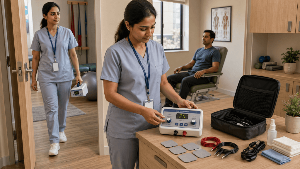 Portable Mini IFT physiotherapy machine with electrode pads, cables and carrying case for convenient clinical use.