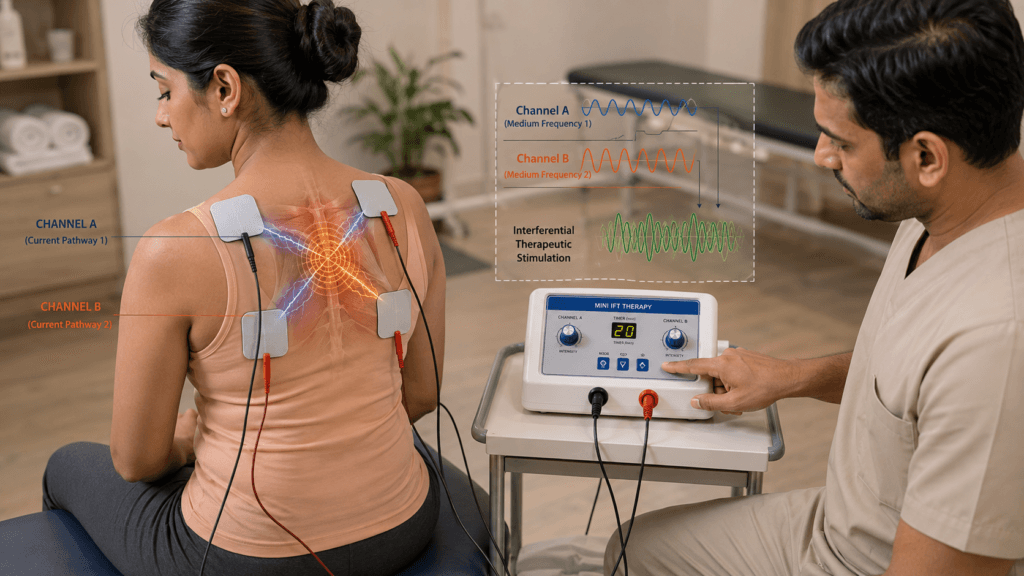 Mini IFT Therapy Machine showing four-electrode placement and two interferential current pathways for back physiotherapy treatment