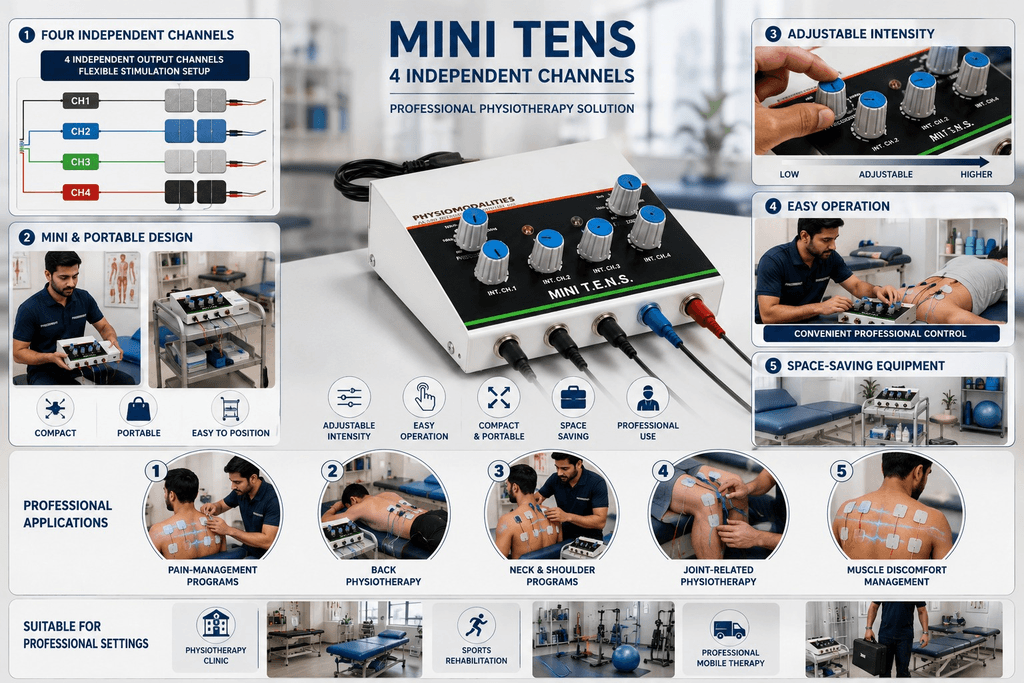 Mini 4-Channel TENS Physiotherapy Machine Mini TENS 4 Channel Physiotherapy Machine with four independent output channels, adjustable intensity controls and electrode pads for professional physiotherapy use.