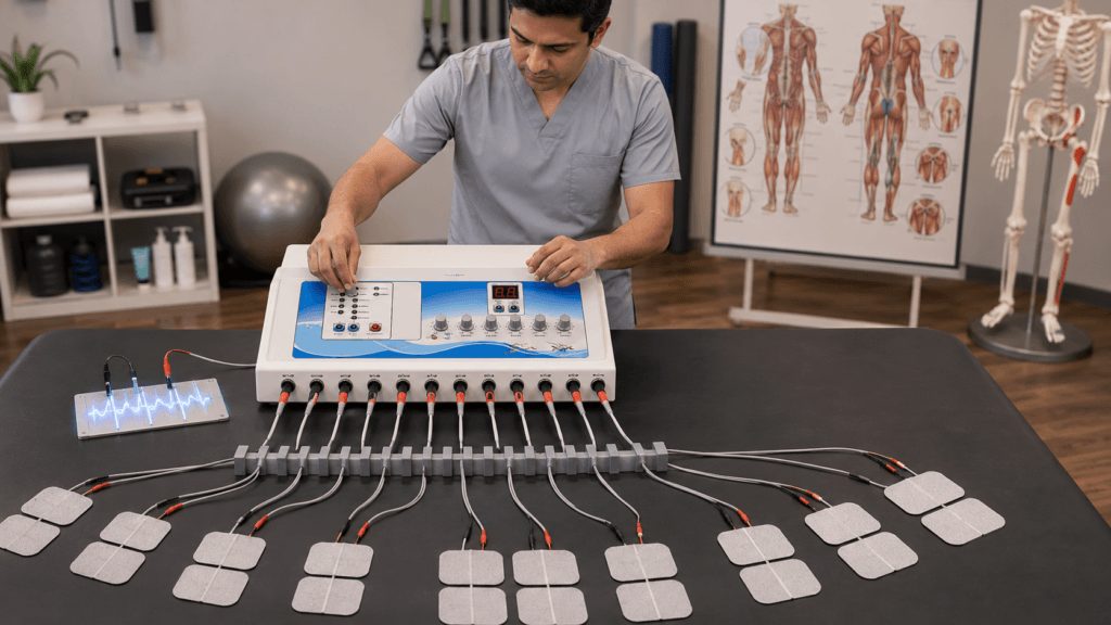 Multi-channel electrotherapy physiotherapy machine with multiple electrode cables and pads arranged for clinical treatment