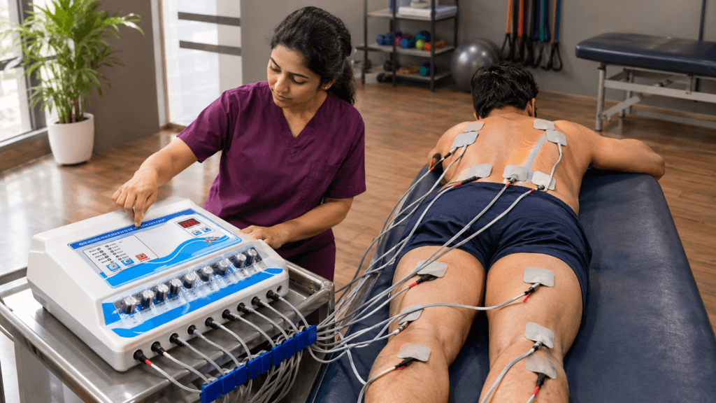 Physiotherapist using a multi-channel electrotherapy physiotherapy machine with electrodes placed on a patient’s back and legs