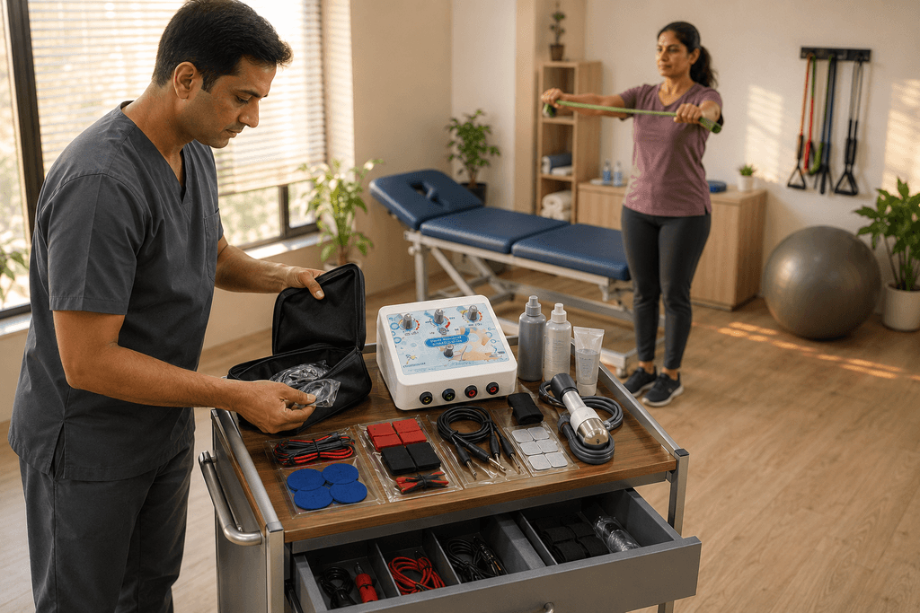 Physiotherapist organizing portable physiotherapy machine with electrodes, cables, therapy applicator and rehabilitation accessories