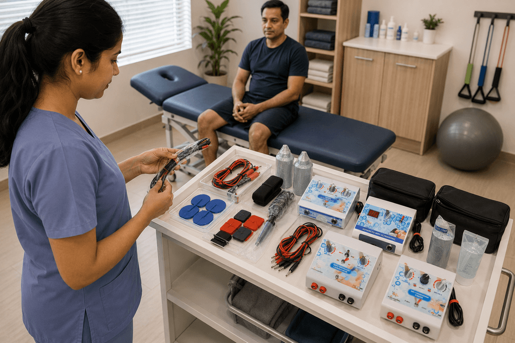 Physiotherapist preparing portable TENS, muscle stimulator and ultrasound physiotherapy machines with therapy accessories