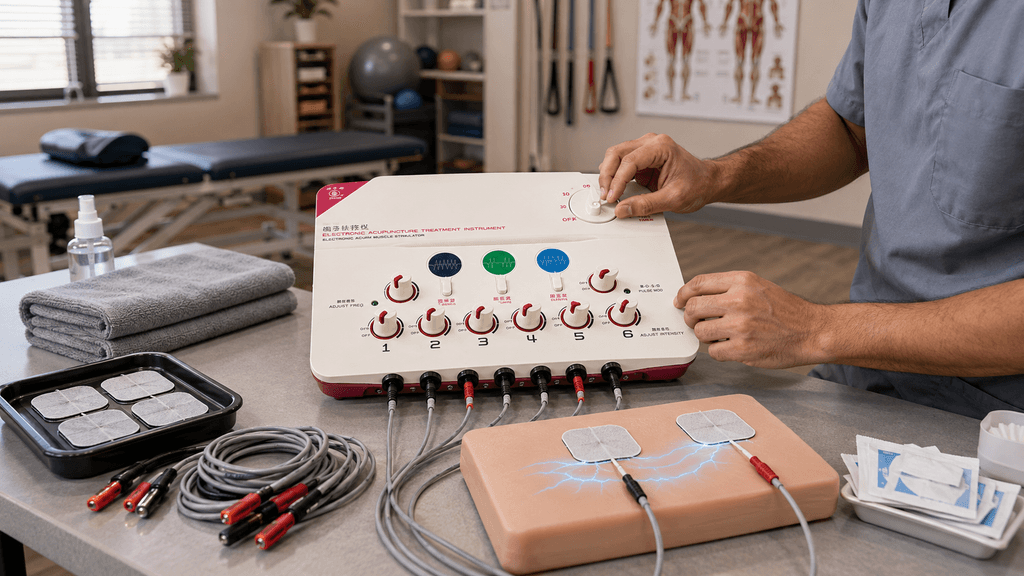 TENS OPP Physiotherapy Machine TENS OPP Physiotherapy Machine with multiple channels, electrode pads and treatment controls for electrical stimulation therapy