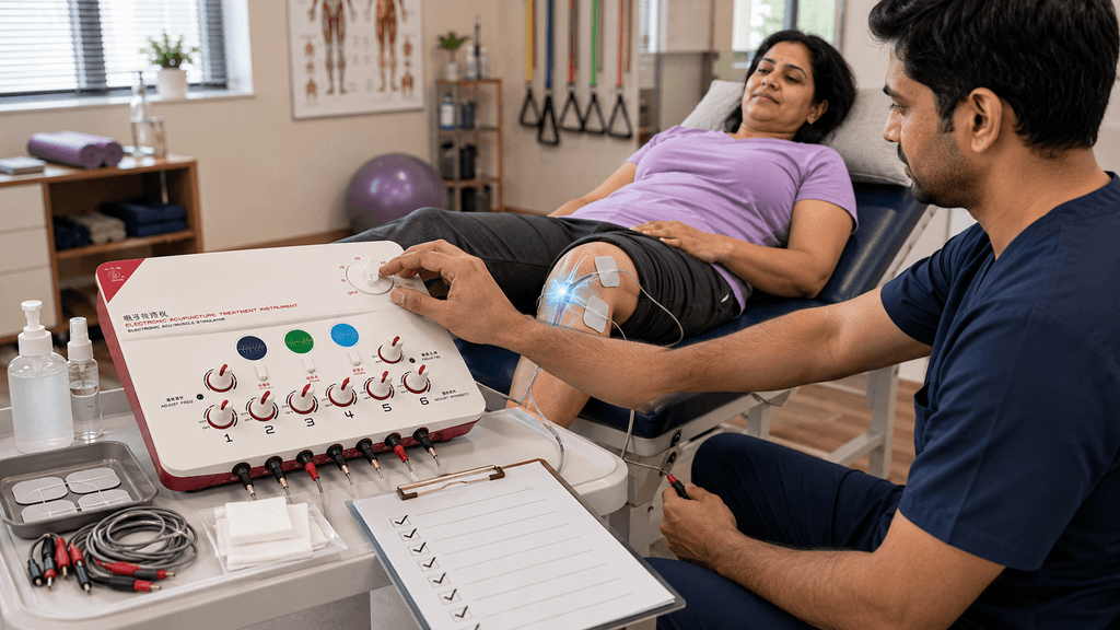 TENS OPP Physiotherapy Machine TENS OPP Physiotherapy Machine used for knee TENS therapy with electrodes while a physiotherapist adjusts treatment intensity