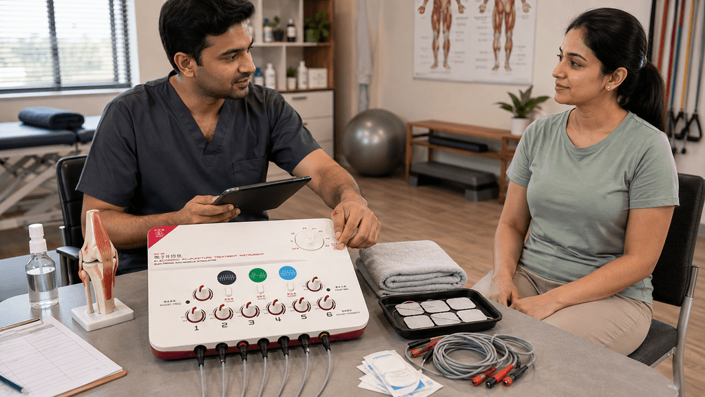 TENS OPP Physiotherapy Machine TENS OPP Physiotherapy Machine consultation with physiotherapist explaining electrotherapy treatment and TENS electrode accessories to a patient