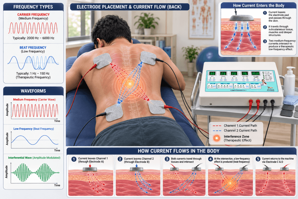 IFT 45 Interferential Therapy Machine: How to Use It Safely and Effectively FT machine frequency types, waveforms, electrode placement and interferential current flow through the body