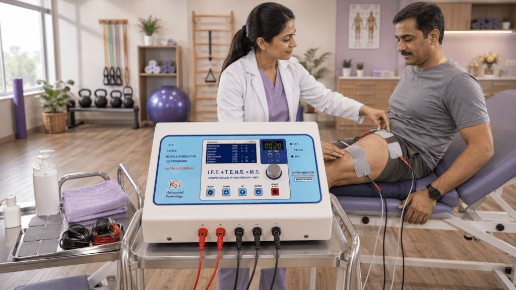 IFT 125 Program Physiotherapy Machine with four electrodes applied around the knee during interferential therapy treatment