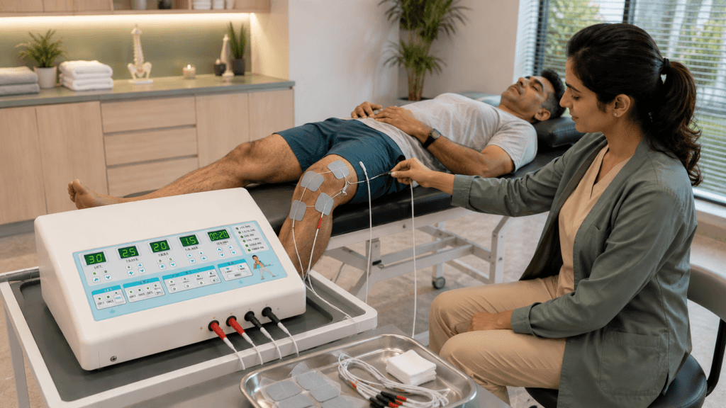 IFT 45 Interferential Therapy Machine: How to Use It Safely and Effectively IFT 45 Interferential Therapy Machine with four electrodes applied around the knee during physiotherapy treatment