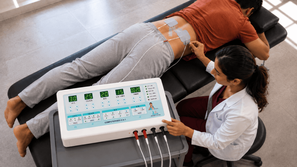 IFT 45 Interferential Therapy Machine: How to Use It Safely and Effectively IFT 45 Interferential Therapy Machine used with four electrodes for lower back physiotherapy treatment