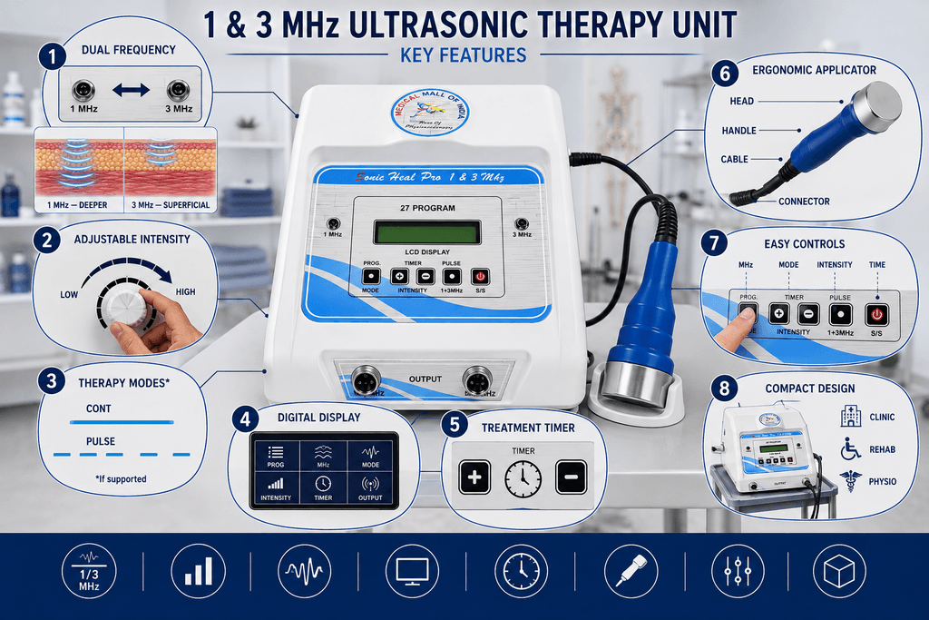 1 & 3 MHz Ultrasonic Therapy Unit 1 & 3 MHz Ultrasonic Therapy Unit with dual frequency, adjustable intensity, therapy modes, digital display, treatment timer, ergonomic applicator and easy controls.