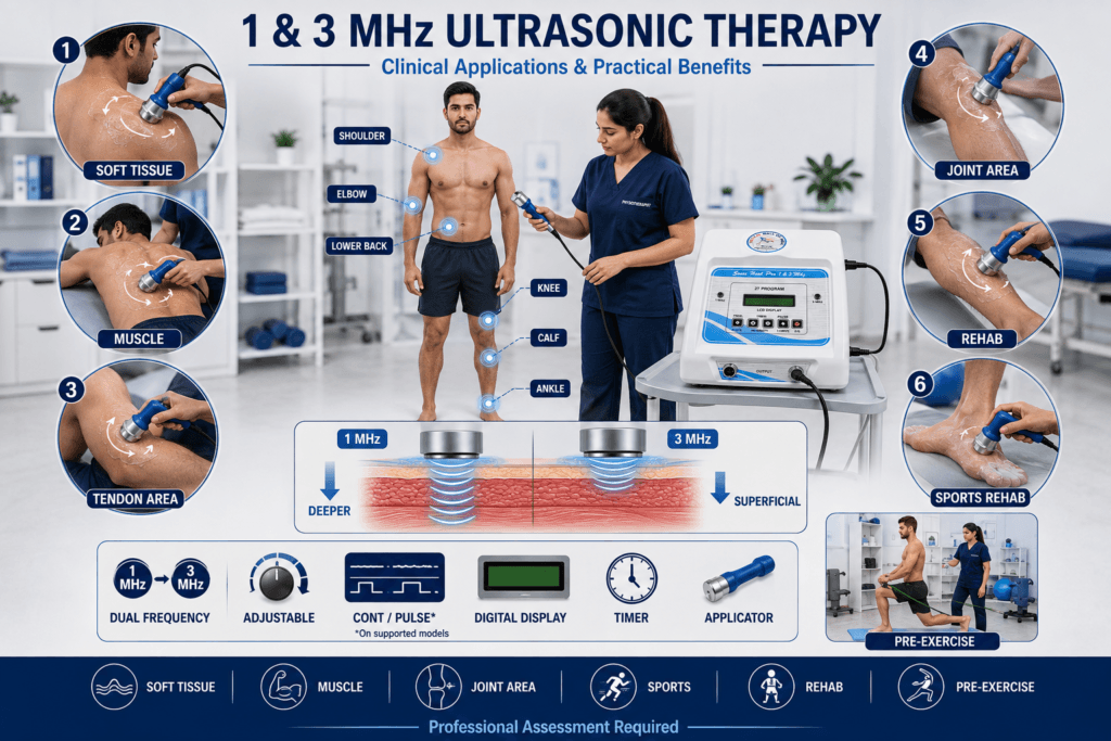 1 & 3 MHz Ultrasonic Therapy Unit 1 & 3 MHz Ultrasonic Therapy Unit showing clinical applications for soft tissue, muscles, tendon and joint areas, sports rehabilitation and pre-exercise therapy.