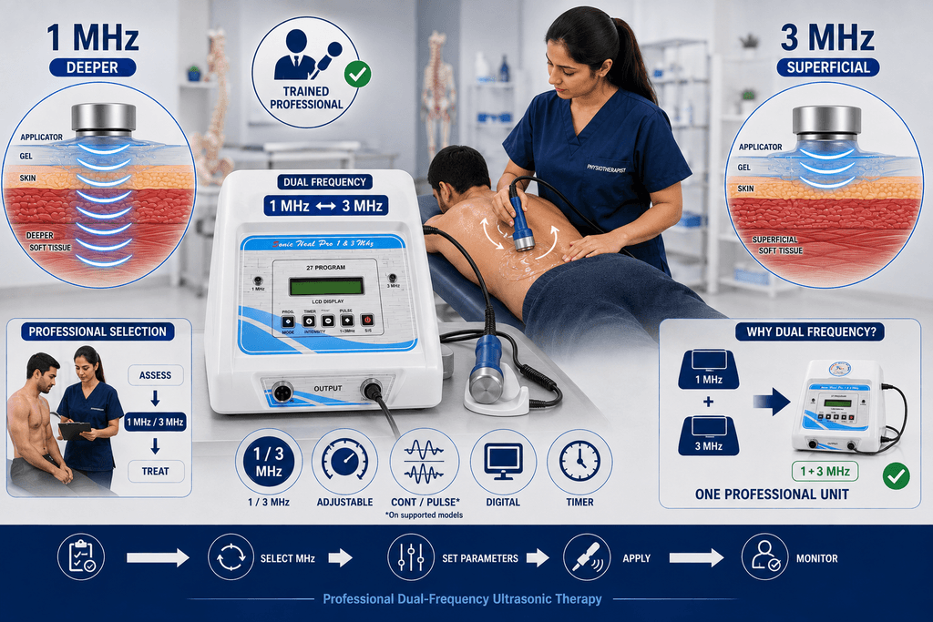 1 & 3 MHz Ultrasonic Therapy Unit 1 & 3 MHz Ultrasonic Therapy Unit showing dual-frequency treatment, with 1 MHz for deeper tissue and 3 MHz for superficial tissue applications under professional supervision.