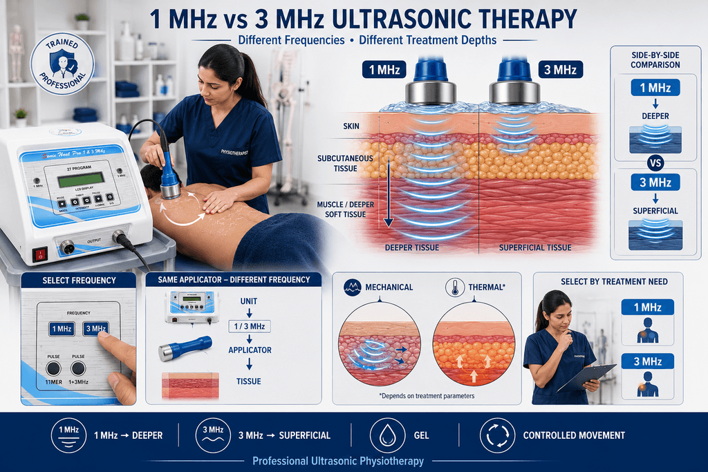 1 & 3 MHz Ultrasonic Therapy Unit 1 MHz vs 3 MHz Ultrasonic Therapy comparison showing 1 MHz for deeper tissue and 3 MHz for superficial tissue with adjustable frequency and professional physiotherapy application.