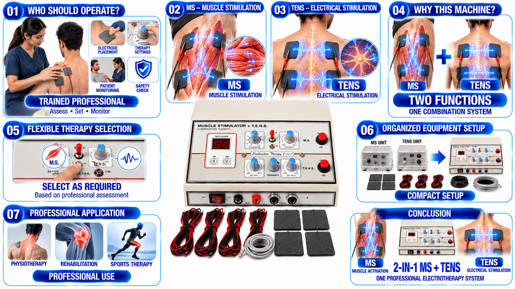 2 in 1 MS+ TENS Combo Therapy Machine 2-in-1 MS + TENS Combination Physiotherapy Machine for Muscle Stimulation, Electrical Stimulation and Rehabilitation