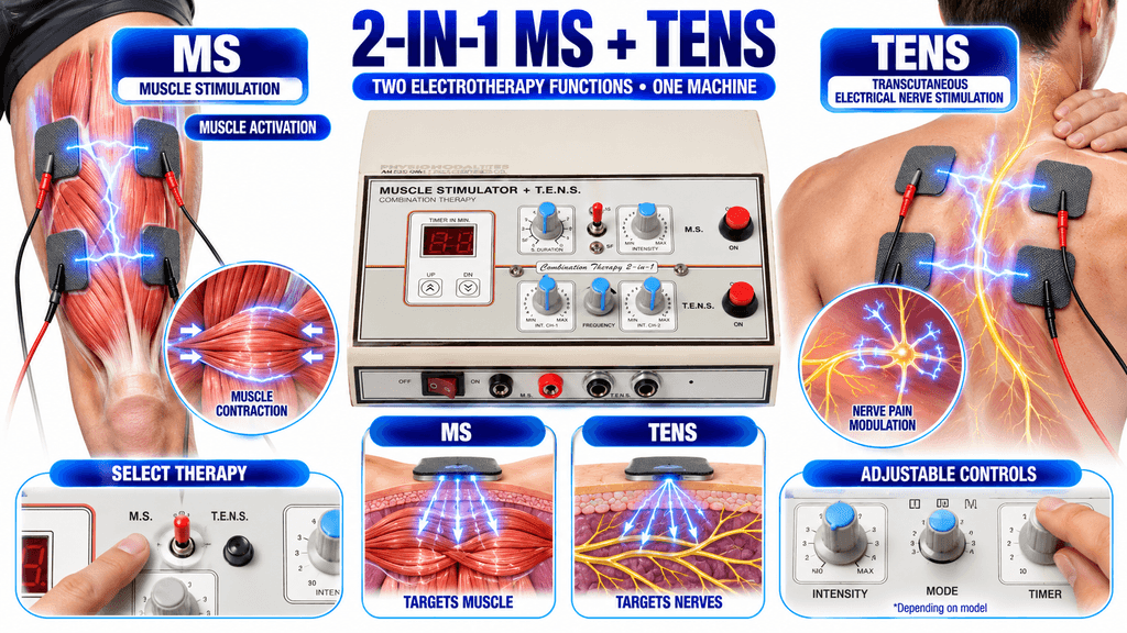 2 in 1 MS+ TENS Combo Therapy Machine 2-in-1 Muscle Stimulator and TENS Physiotherapy Machine for Muscle Stimulation and TENS Therapy