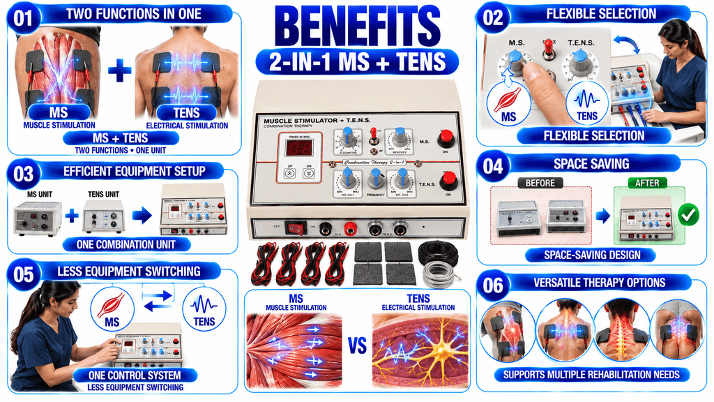 2 in 1 MS+ TENS Combo Therapy Machine 2-in-1 MS + TENS Combination Physiotherapy Machine Benefits for Muscle Stimulation and TENS Therapy