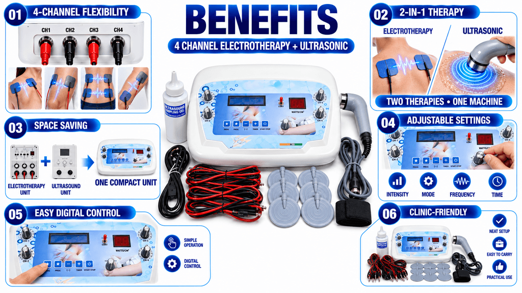 Benefits of 4 Channel Electrotherapy and Ultrasonic Physiotherapy Machine with Adjustable Digital Controls