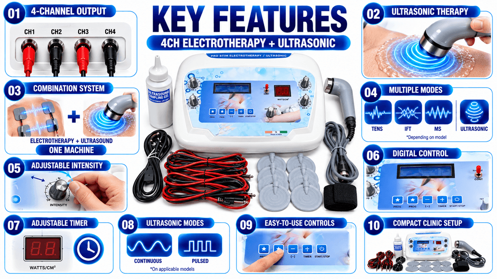 4 Channel Electrotherapy and Ultrasonic Physiotherapy Machine with TENS IFT MS, Digital Controls and Accessories