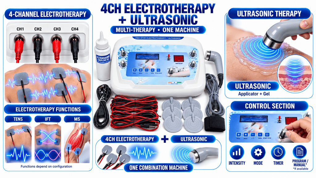 4 Channel Electrotherapy and Ultrasonic Physiotherapy Machine with TENS IFT MS Therapy Functions and Accessories