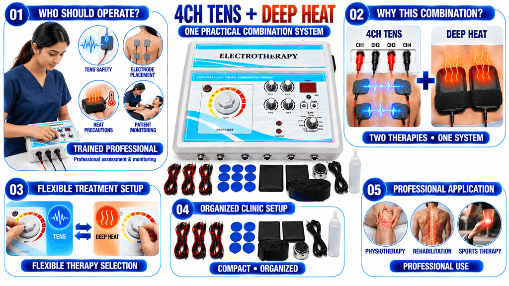 4 Channel TENS and Deep Heat Combination Physiotherapy Machine for Professional Therapy and Rehabilitation