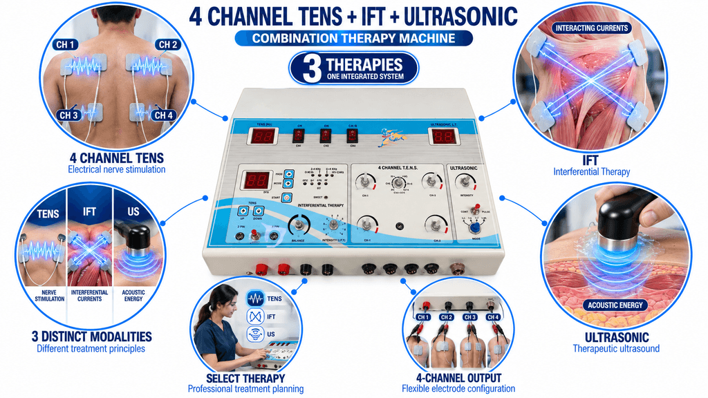 4 Ch TENS + IFT + US Combo Therapy device 4 Channel TENS with IFT and Ultrasonic Combination Physiotherapy Machine for Electrotherapy