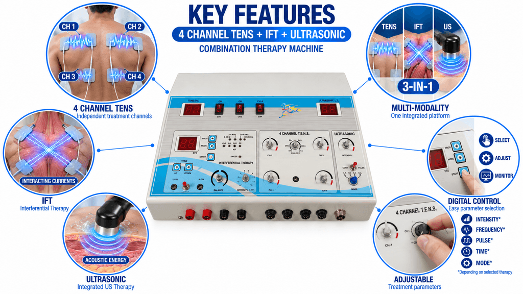 4 Ch TENS + IFT + US Combo Therapy device Key Features of 4 Channel TENS with IFT and Ultrasonic Combination Physiotherapy Machine
