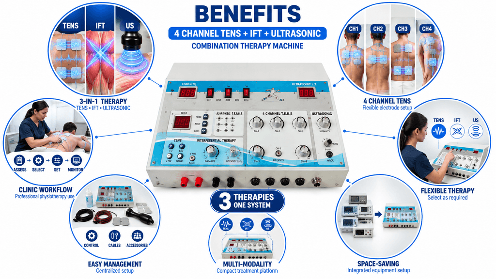 4 Ch TENS + IFT + US Combo Therapy device Benefits of 4 Channel TENS with IFT and Ultrasonic Combination Physiotherapy Machine