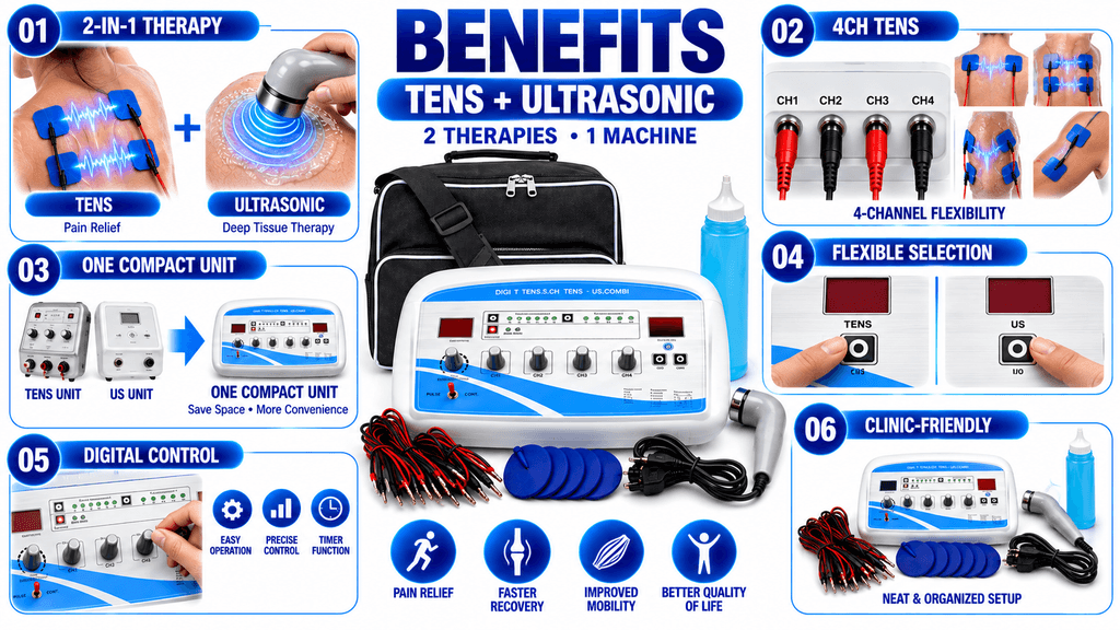 Benefits of 4 Channel TENS with Ultrasonic Physiotherapy Machine for Pain Relief, Recovery and Deep Tissue Therapy