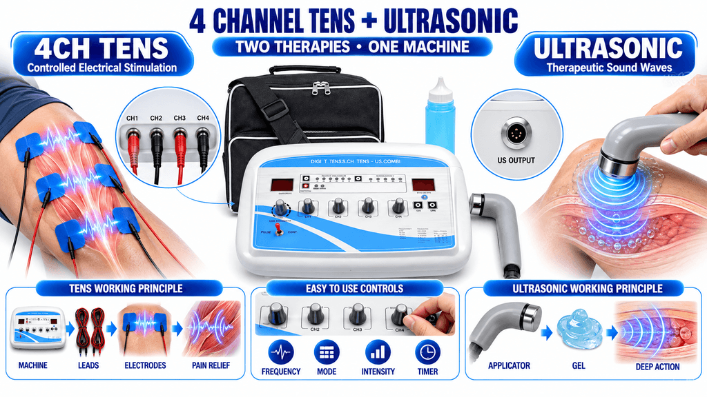 4 Channel TENS with Ultrasonic Physiotherapy Machine with Electrodes, Ultrasound Applicator and Therapy Controls