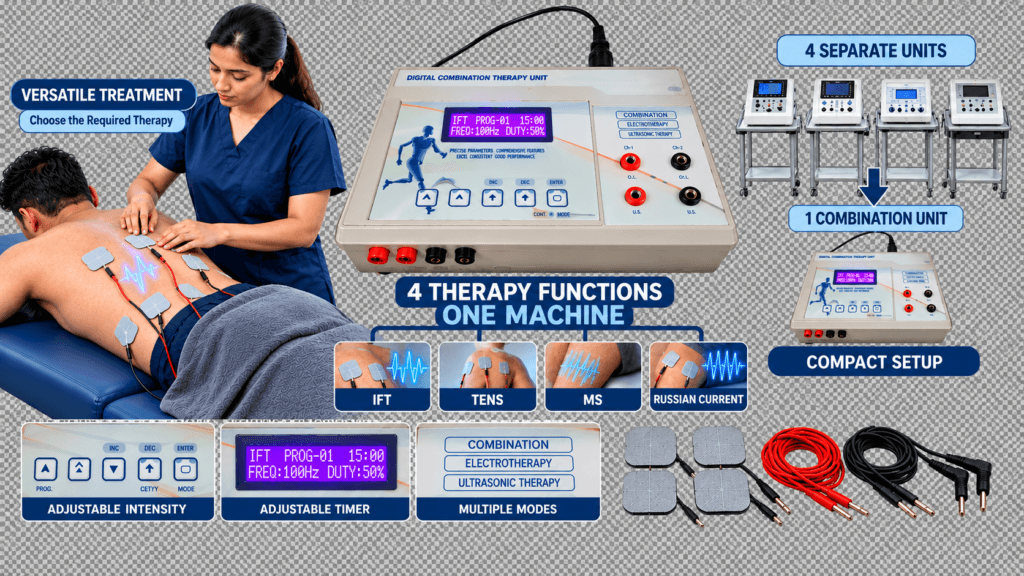 4-in-1 electrotherapy combination machine showing IFT, TENS, muscle stimulation and Russian current therapy with electrodes and lead wires.
