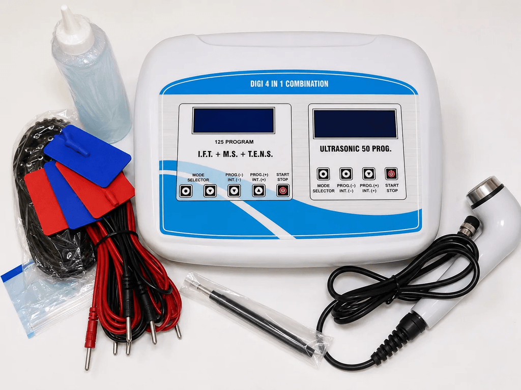 Digital 4-in-1 Combination Physiotherapy Machine with IFT, TENS, Muscle Stimulation and Ultrasonic Therapy Accessories
