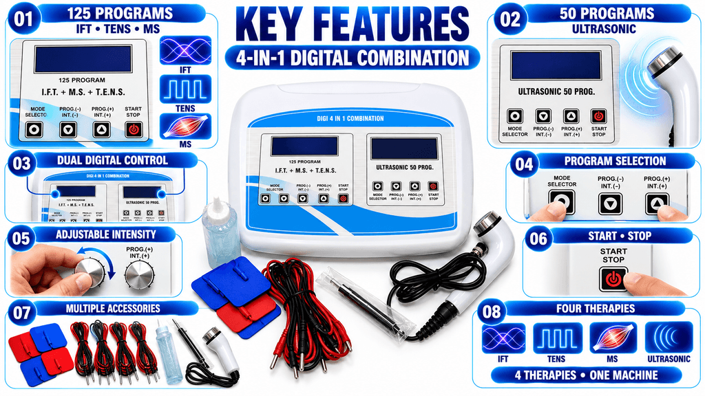 4-in-1 Digital Physiotherapy Machine with 125 Programs IFT TENS MS and 50 Programs Ultrasonic Therapy