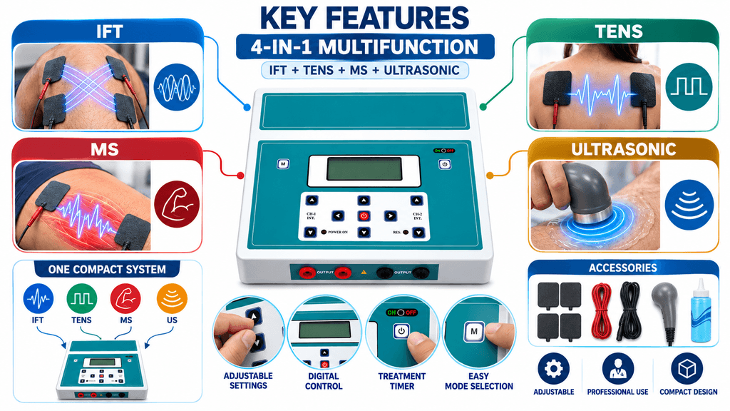 4-in-1 Electrotherapy Combo Machine Key features of 4-in-1 electrotherapy combo machine with IFT, TENS, Muscle Stimulation and Ultrasonic Therapy