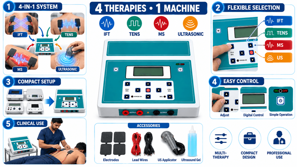 4-in-1 Electrotherapy Combo Machine 4-in-1 Electrotherapy Combo Machine with IFT, TENS, Muscle Stimulation, Ultrasonic Therapy and accessories