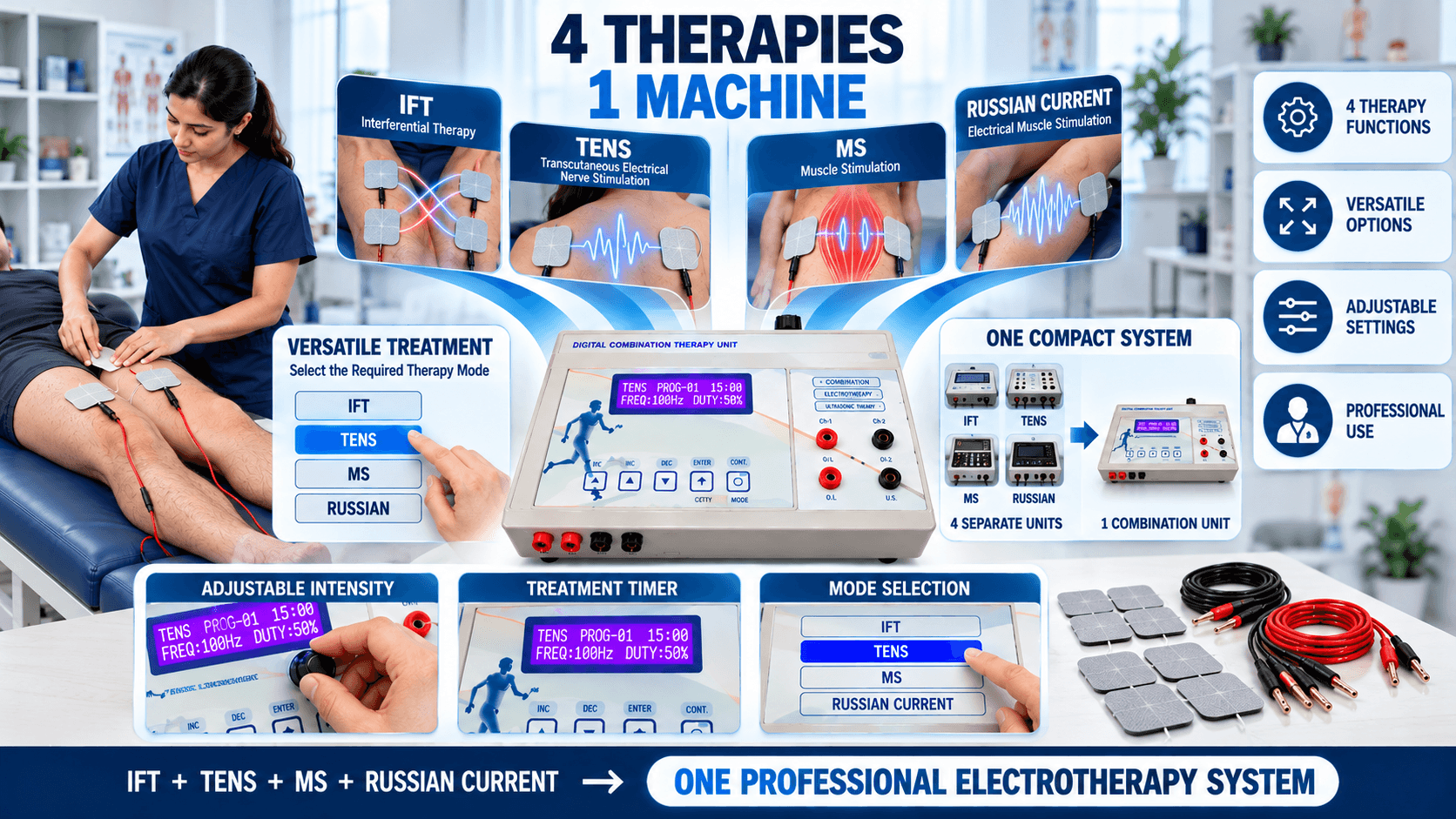 4-in-1 electrotherapy machine with IFT, TENS, muscle stimulation and Russian current therapy modes for professional physiotherapy and rehabilitation use.
