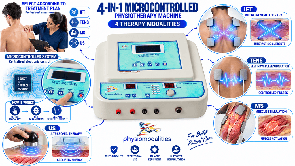 Microcontrolled 4-in-1 Physiotherapy Machine with IFT, TENS, Muscle Stimulation and Ultrasonic Therapy