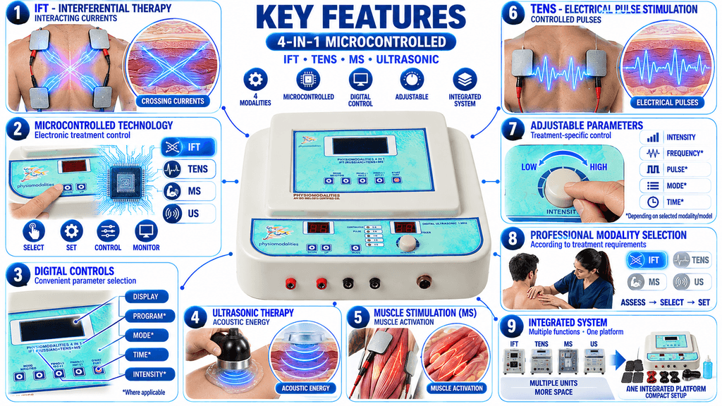 4-in-1 Microcontrolled Physiotherapy Machine with IFT, TENS, MS and Ultrasonic Therapy Key Features