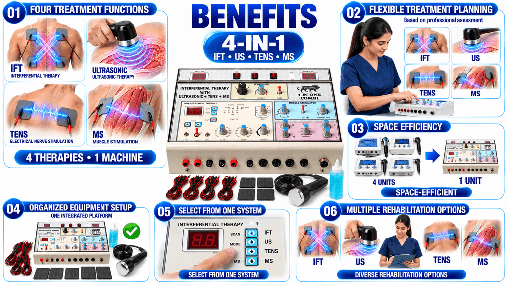 4-in-1 Physiotherapy Machine Benefits with IFT, Ultrasonic, TENS and Muscle Stimulation Therapy