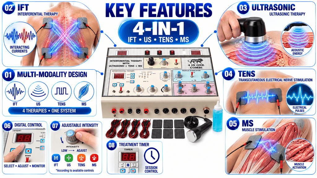 4-in-1 Physiotherapy Machine Key Features with IFT, Ultrasonic, TENS and Muscle Stimulation