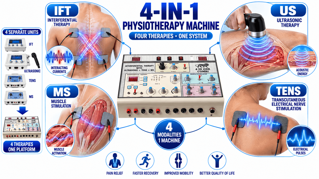 4-in-1 Physiotherapy Machine with IFT, TENS, Muscle Stimulation and Ultrasonic Therapy